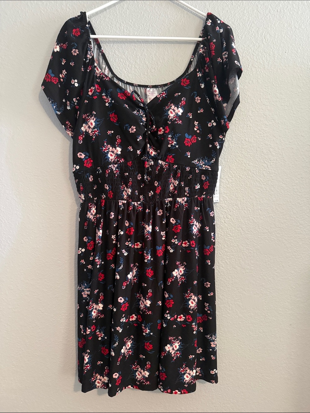 No Boundaries Black Floral Tie-Front Smocked Mini Dress